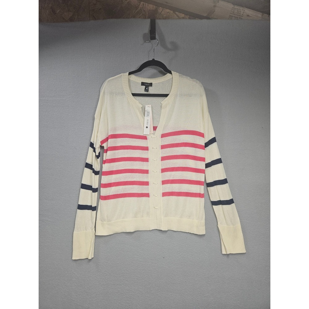 AQUA Womens Striped V-Neck Cardigan Pink Navy Cream XS Bloomingdales Exclusive